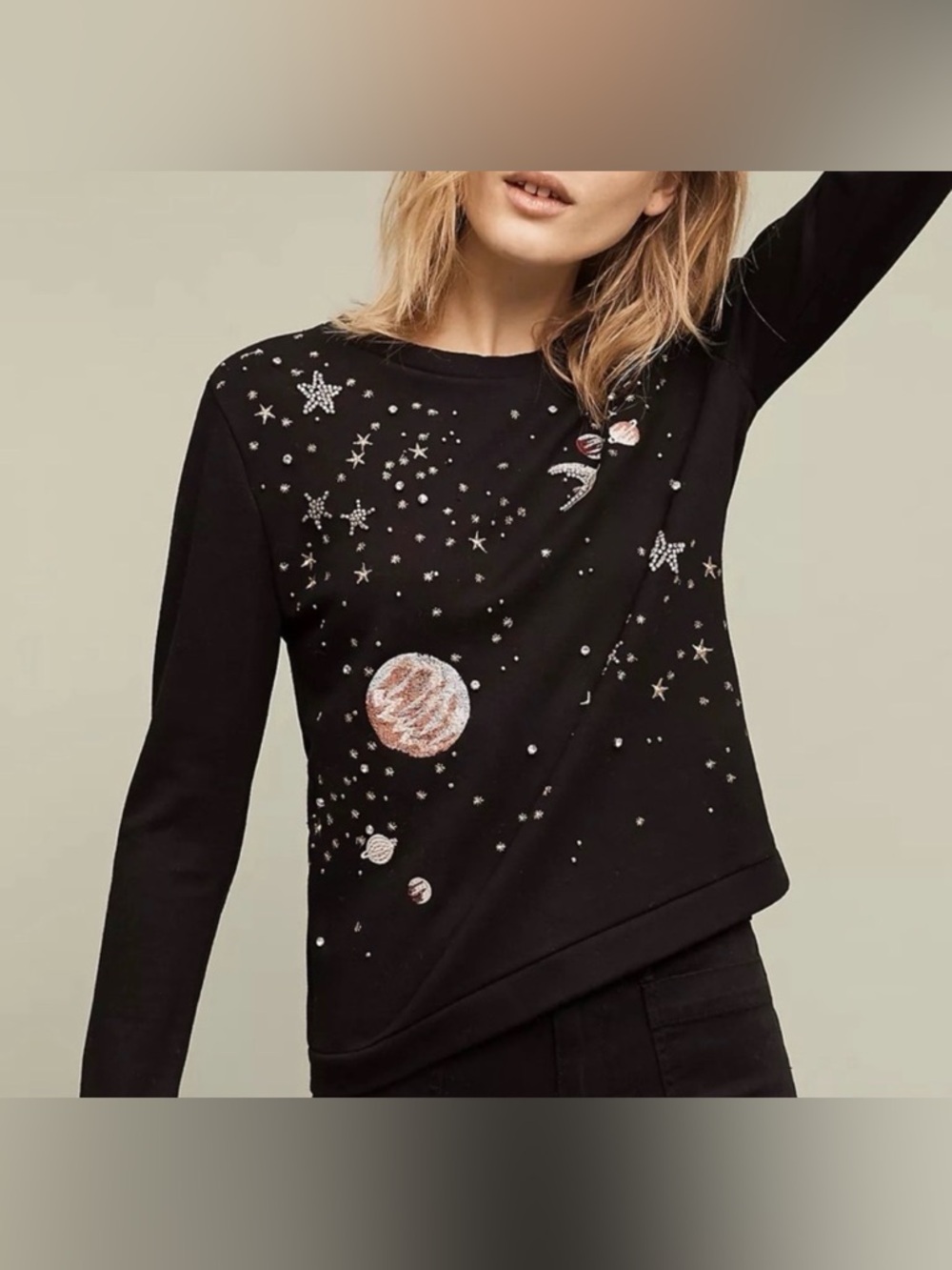 Anthropologie Postmark Stargazer Jewel Sequin Embellished Black Sweatshirt M